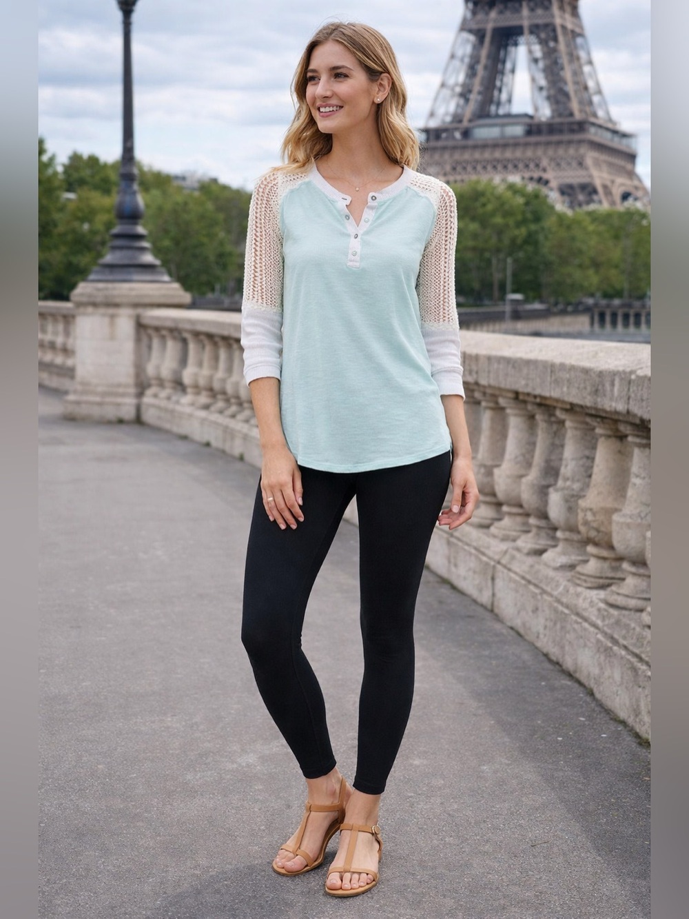 POL Mixed Media Patchwork Lace Henley Top - Mint Green Size M